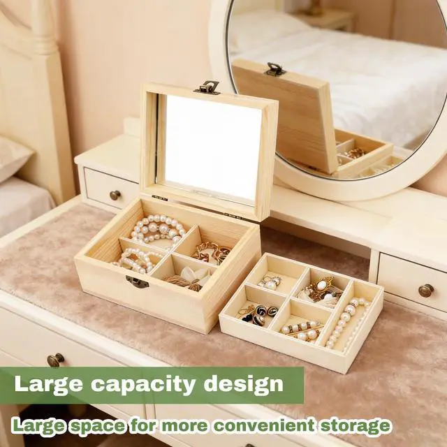 Alt view image 3 of 6 - 4 Pack Wooden Jewelry Organizer Box, Unfinished Surface Wood Jewelry Box, Small Wooden Chest Case with Glass Mirror, Compact and Stylish Container for Jewelries Storage DIY Crafts