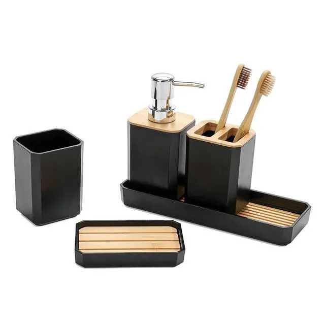 Alt view image 2 of 7 - Bathroom Accessories Set,5 Pcs Bathroom Accessory Gift Set, Soap Dispenser, Soap Dish, Toothbrush Holder, Toothbrush Cup, Vanity Tray, Boho, Modern Bathroom Decor (Black)
