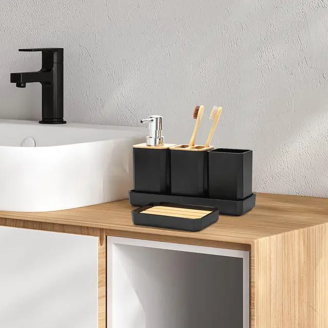 Alt view image 3 of 7 - Bathroom Accessories Set,5 Pcs Bathroom Accessory Gift Set, Soap Dispenser, Soap Dish, Toothbrush Holder, Toothbrush Cup, Vanity Tray, Boho, Modern Bathroom Decor (Black)