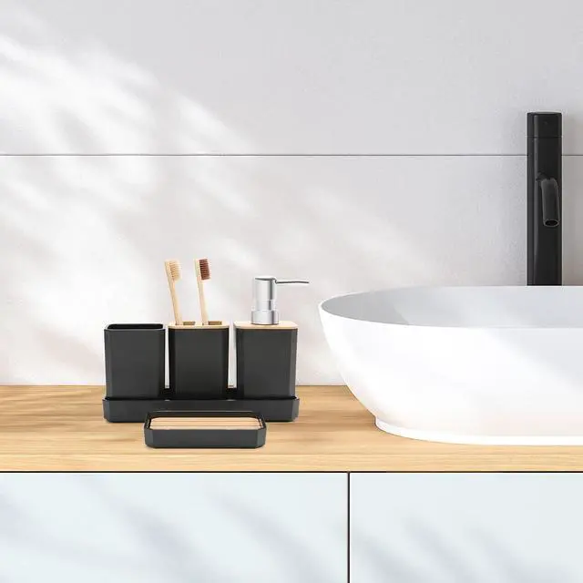 Alt view image 4 of 7 - Bathroom Accessories Set,5 Pcs Bathroom Accessory Gift Set, Soap Dispenser, Soap Dish, Toothbrush Holder, Toothbrush Cup, Vanity Tray, Boho, Modern Bathroom Decor (Black)