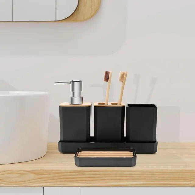 Alt view image 5 of 7 - Bathroom Accessories Set,5 Pcs Bathroom Accessory Gift Set, Soap Dispenser, Soap Dish, Toothbrush Holder, Toothbrush Cup, Vanity Tray, Boho, Modern Bathroom Decor (Black)