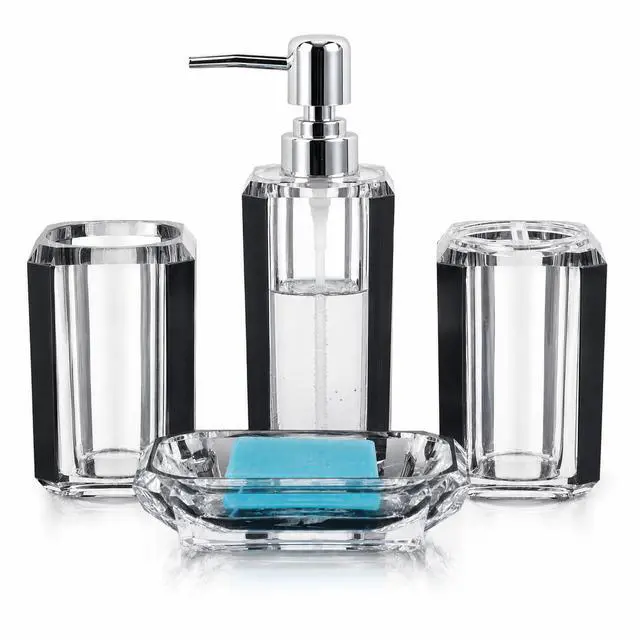 Main image of 4-Piece Black Bathroom Accessories Set Soap Dispenser, Soap Dish, Mouthwash Cup & Toothbrush Holder, Textured Brushed Acrylic Vanity Set, Modern Bathroom Decor