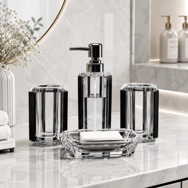 Alt view image 2 of 7 - 4-Piece Black Bathroom Accessories Set Soap Dispenser, Soap Dish, Mouthwash Cup & Toothbrush Holder, Textured Brushed Acrylic Vanity Set, Modern Bathroom Decor
