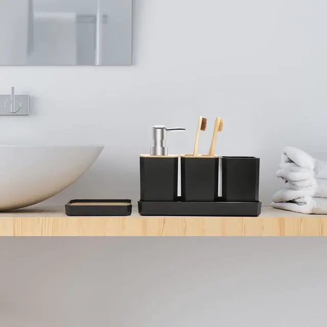 Alt view image 6 of 7 - Bathroom Accessories Set,5 Pcs Bathroom Accessory Gift Set, Soap Dispenser, Soap Dish, Toothbrush Holder, Toothbrush Cup, Vanity Tray, Boho, Modern Bathroom Decor (Black)