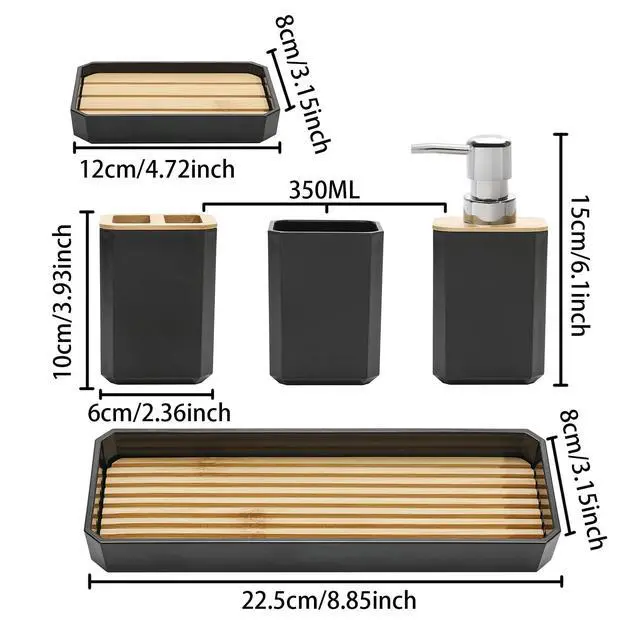 Alt view image 7 of 7 - Bathroom Accessories Set,5 Pcs Bathroom Accessory Gift Set, Soap Dispenser, Soap Dish, Toothbrush Holder, Toothbrush Cup, Vanity Tray, Boho, Modern Bathroom Decor (Black)