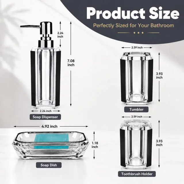 Alt view image 3 of 7 - 4-Piece Black Bathroom Accessories Set Soap Dispenser, Soap Dish, Mouthwash Cup & Toothbrush Holder, Textured Brushed Acrylic Vanity Set, Modern Bathroom Decor