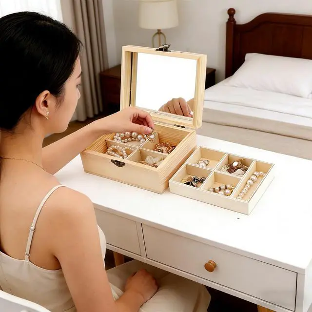Alt view image 5 of 6 - 4 Pack Wooden Jewelry Organizer Box, Unfinished Surface Wood Jewelry Box, Small Wooden Chest Case with Glass Mirror, Compact and Stylish Container for Jewelries Storage DIY Crafts