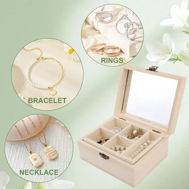 Alt view image 6 of 6 - 4 Pack Wooden Jewelry Organizer Box, Unfinished Surface Wood Jewelry Box, Small Wooden Chest Case with Glass Mirror, Compact and Stylish Container for Jewelries Storage DIY Crafts
