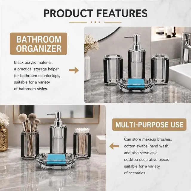 Alt view image 4 of 7 - 4-Piece Black Bathroom Accessories Set Soap Dispenser, Soap Dish, Mouthwash Cup & Toothbrush Holder, Textured Brushed Acrylic Vanity Set, Modern Bathroom Decor