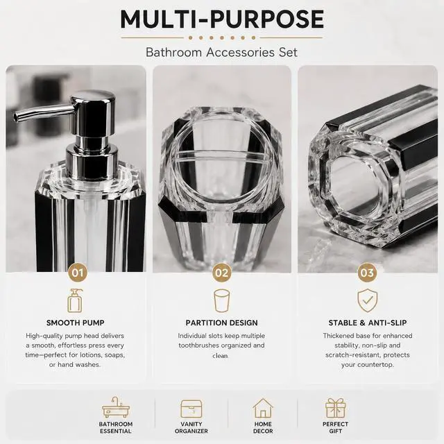 Alt view image 5 of 7 - 4-Piece Black Bathroom Accessories Set Soap Dispenser, Soap Dish, Mouthwash Cup & Toothbrush Holder, Textured Brushed Acrylic Vanity Set, Modern Bathroom Decor
