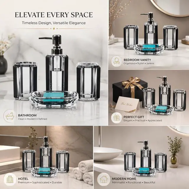 Alt view image 7 of 7 - 4-Piece Black Bathroom Accessories Set Soap Dispenser, Soap Dish, Mouthwash Cup & Toothbrush Holder, Textured Brushed Acrylic Vanity Set, Modern Bathroom Decor