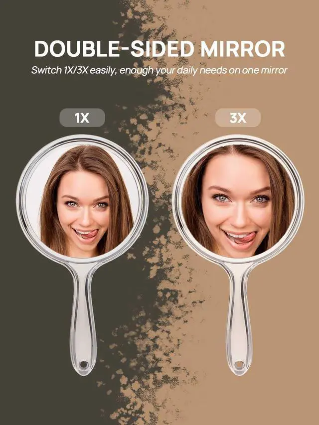 Alt view image 2 of 7 - Hand Mirror, Double-Sided Handheld Mirror 1X/3X Magnifying Mirror with Handle, Pack of 1 (Clear)