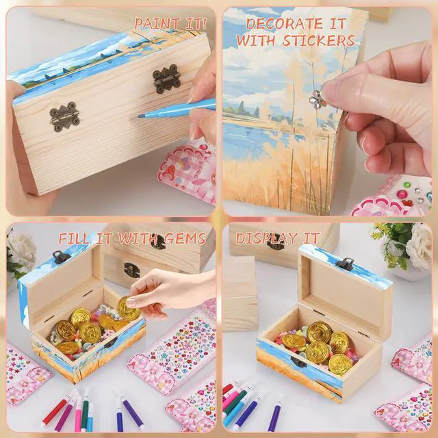 Alt view image 4 of 7 - 6Pcs Small Wooden Boxes for Crafts, Unfinished Wood Box with Lids, Mini Treasure Chest Small Craft Box, Jewelry DIY Mini Craft Boxes to Paint for Kids Adults Classroom Party Handmade (6X 3.8 x 2.5in)