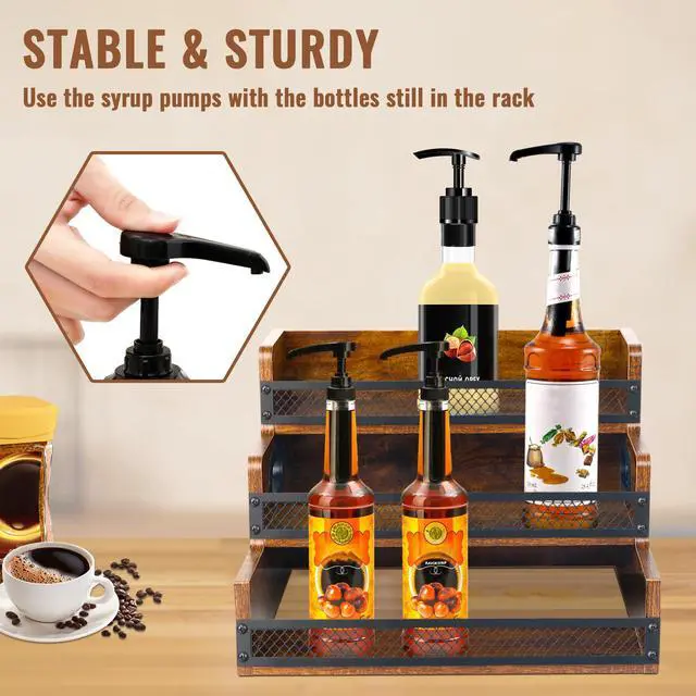Alt view image 4 of 6 - Liquor Bottle Display Shelf, Coffee Syrup Rack Organizer, 3 Step Countertop Liquor Wine Rack, 12 Bottles Coffee Station Organizer with Fences & Handles, Home Retro Bar Shelf Stand for Liquor Whiskey