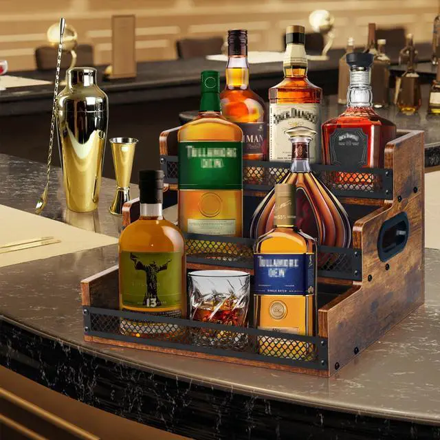 Alt view image 3 of 6 - Liquor Bottle Display Shelf, Coffee Syrup Rack Organizer, 3 Step Countertop Liquor Wine Rack, 12 Bottles Coffee Station Organizer with Fences & Handles, Home Retro Bar Shelf Stand for Liquor Whiskey