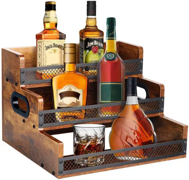 Main image of Liquor Bottle Display Shelf, Coffee Syrup Rack Organizer, 3 Step Countertop Liquor Wine Rack, 12 Bottles Coffee Station Organizer with Fences & Handles, Home Retro Bar Shelf Stand for Liquor Whiskey