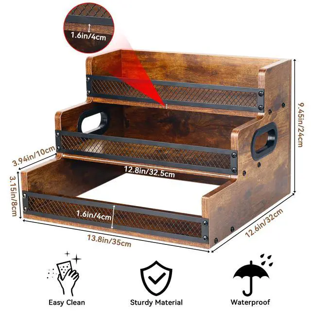 Alt view image 6 of 6 - Liquor Bottle Display Shelf, Coffee Syrup Rack Organizer, 3 Step Countertop Liquor Wine Rack, 12 Bottles Coffee Station Organizer with Fences & Handles, Home Retro Bar Shelf Stand for Liquor Whiskey