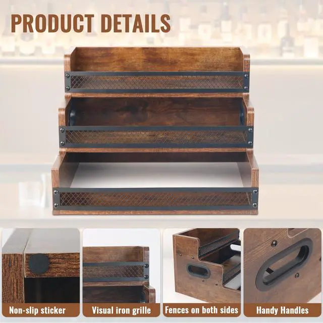 Alt view image 5 of 6 - Liquor Bottle Display Shelf, Coffee Syrup Rack Organizer, 3 Step Countertop Liquor Wine Rack, 12 Bottles Coffee Station Organizer with Fences & Handles, Home Retro Bar Shelf Stand for Liquor Whiskey