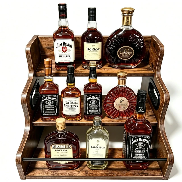 Main image of 3-Tier Rustic Liquor & Wine Rack, Countertop Shelf with Guardrail & Handles for Home Bar