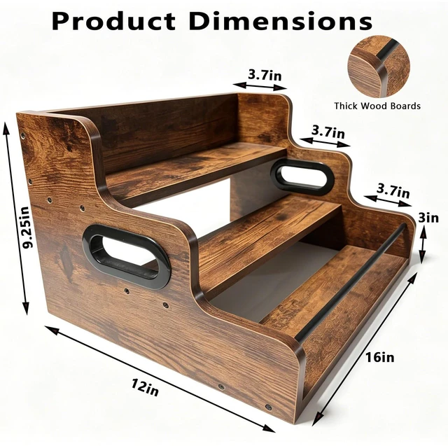 Alt view image 2 of 6 - 3-Tier Rustic Liquor & Wine Rack, Countertop Shelf with Guardrail & Handles for Home Bar