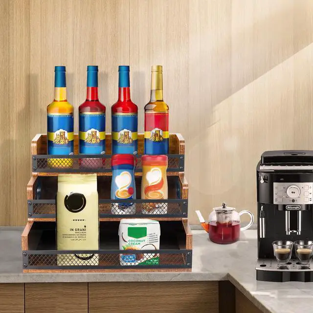 Alt view image 2 of 6 - Liquor Bottle Display Shelf, Coffee Syrup Rack Organizer, 3 Step Countertop Liquor Wine Rack, 12 Bottles Coffee Station Organizer with Fences & Handles, Home Retro Bar Shelf Stand for Liquor Whiskey