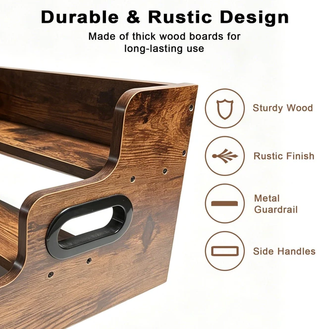 Alt view image 3 of 6 - 3-Tier Rustic Liquor & Wine Rack, Countertop Shelf with Guardrail & Handles for Home Bar