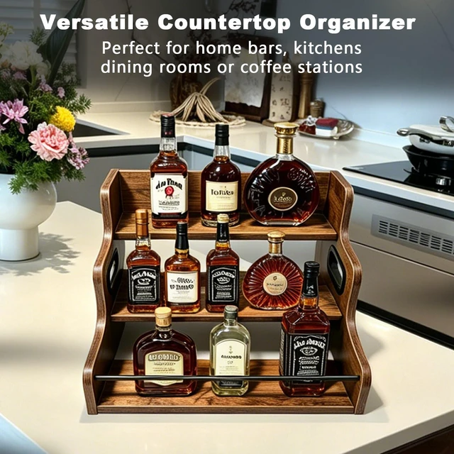 Alt view image 4 of 6 - 3-Tier Rustic Liquor & Wine Rack, Countertop Shelf with Guardrail & Handles for Home Bar