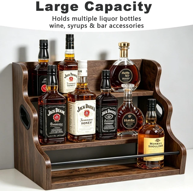 Alt view image 5 of 6 - 3-Tier Rustic Liquor & Wine Rack, Countertop Shelf with Guardrail & Handles for Home Bar