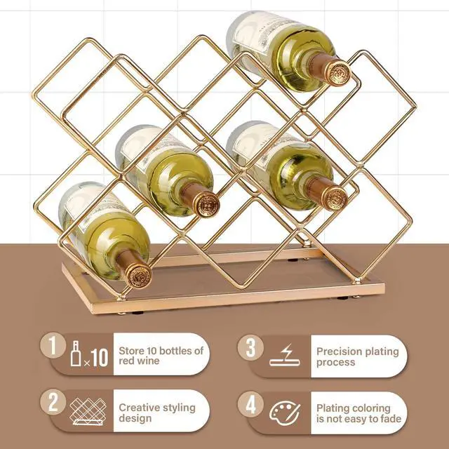 Alt view image 5 of 7 - Countertop Wine Rack - 10 Bottle Freestanding Modern Gold Metal Small Wine Rack - Tabletop Wine Holder Stand for Cabinet, Pantry, Wine Bottle Storage
