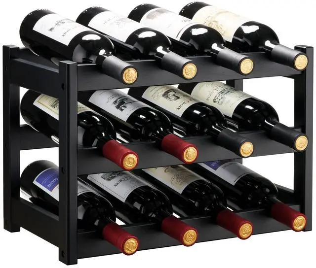 Main image of Bamboo Wine Rack, Sturdy and Durable Wine Storage Cabinet Shelf, Wine Racks Countertop for Pantry,Kitchen,3-Tier 12 Bottles Wine Rack Black
