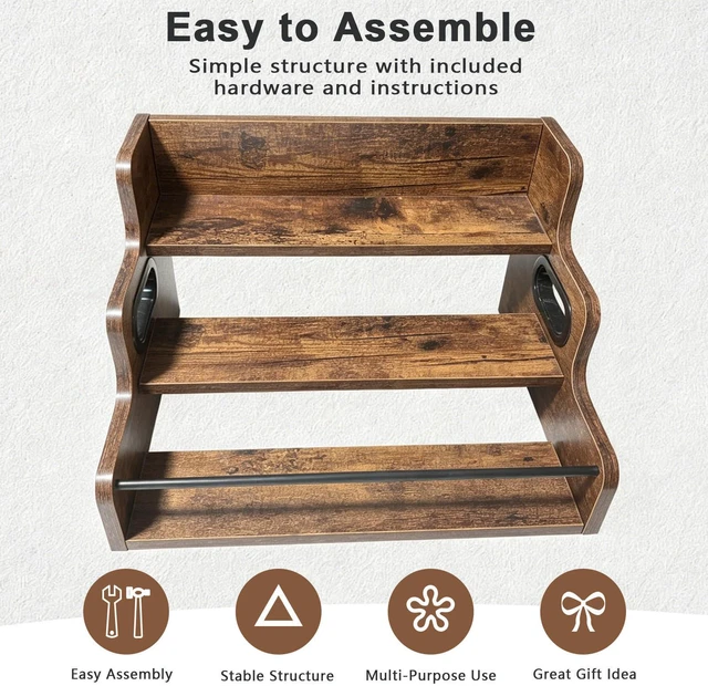 Alt view image 6 of 6 - 3-Tier Rustic Liquor & Wine Rack, Countertop Shelf with Guardrail & Handles for Home Bar