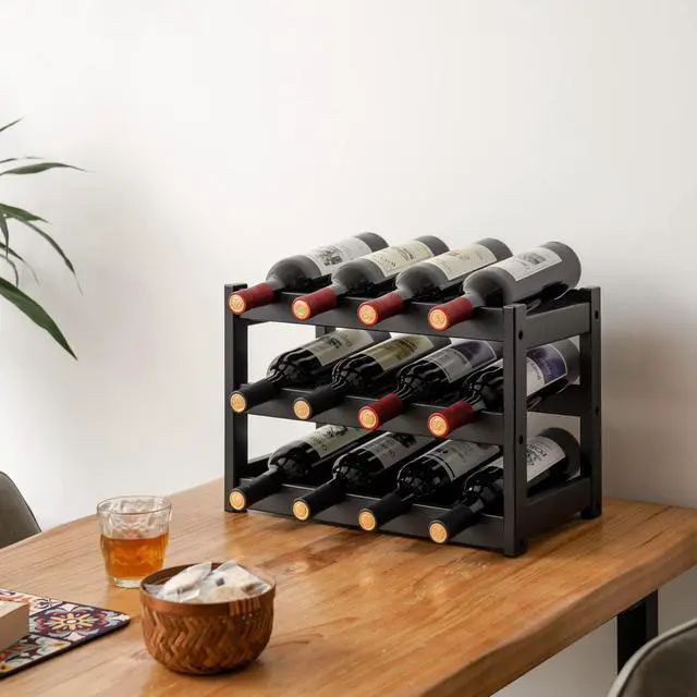 Alt view image 2 of 6 - Bamboo Wine Rack, Sturdy and Durable Wine Storage Cabinet Shelf, Wine Racks Countertop for Pantry,Kitchen,3-Tier 12 Bottles Wine Rack Black