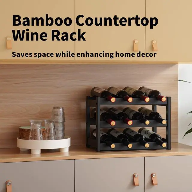 Alt view image 4 of 6 - Bamboo Wine Rack, Sturdy and Durable Wine Storage Cabinet Shelf, Wine Racks Countertop for Pantry,Kitchen,3-Tier 12 Bottles Wine Rack Black