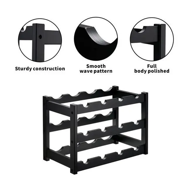 Alt view image 3 of 6 - Bamboo Wine Rack, Sturdy and Durable Wine Storage Cabinet Shelf, Wine Racks Countertop for Pantry,Kitchen,3-Tier 12 Bottles Wine Rack Black
