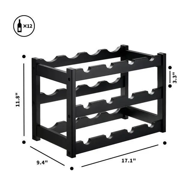 Alt view image 6 of 6 - Bamboo Wine Rack, Sturdy and Durable Wine Storage Cabinet Shelf, Wine Racks Countertop for Pantry,Kitchen,3-Tier 12 Bottles Wine Rack Black