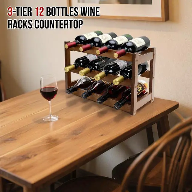 Alt view image 2 of 7 - Bamboo Wine Rack, 3-Tier 12 Bottles Wine Storage Cabinet Shelf, Easy-Assembly Freestanding Bamboo Wine Racks Countertop for Kitchen Pantry Dining Room Bar, Walnut
