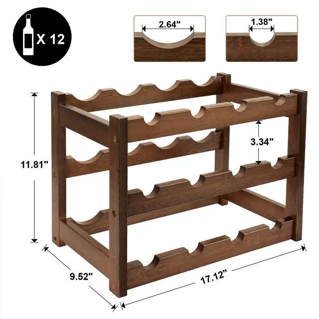 Alt view image 3 of 7 - Bamboo Wine Rack, 3-Tier 12 Bottles Wine Storage Cabinet Shelf, Easy-Assembly Freestanding Bamboo Wine Racks Countertop for Kitchen Pantry Dining Room Bar, Walnut