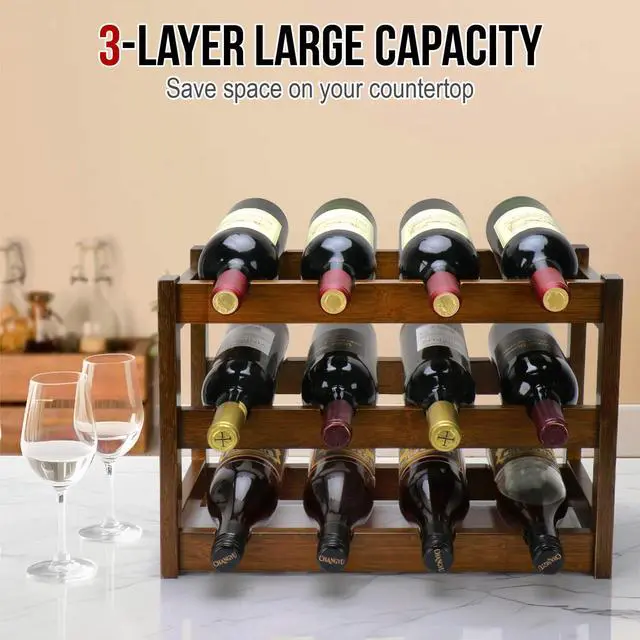 Alt view image 5 of 7 - Bamboo Wine Rack, 3-Tier 12 Bottles Wine Storage Cabinet Shelf, Easy-Assembly Freestanding Bamboo Wine Racks Countertop for Kitchen Pantry Dining Room Bar, Walnut
