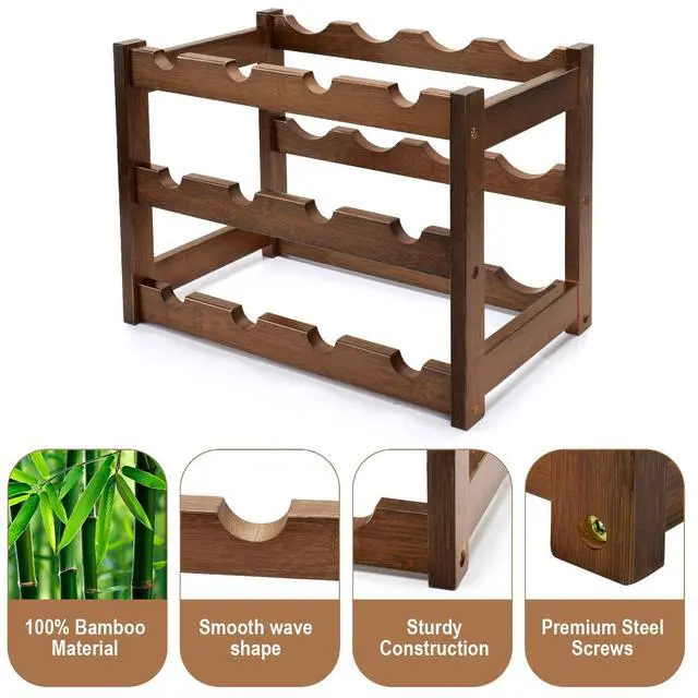Alt view image 6 of 7 - Bamboo Wine Rack, 3-Tier 12 Bottles Wine Storage Cabinet Shelf, Easy-Assembly Freestanding Bamboo Wine Racks Countertop for Kitchen Pantry Dining Room Bar, Walnut