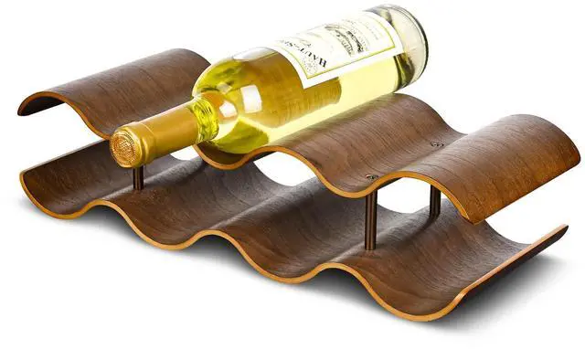 Main image of Countertop Wine Rack - 7 Bottle Freestanding Wine Bottle Holder Stand - 2 Tier Wooden Wine Storage Rack - Walnut Wavy Wine Organizer for Cabinet Pantry Home Kitchen Bar