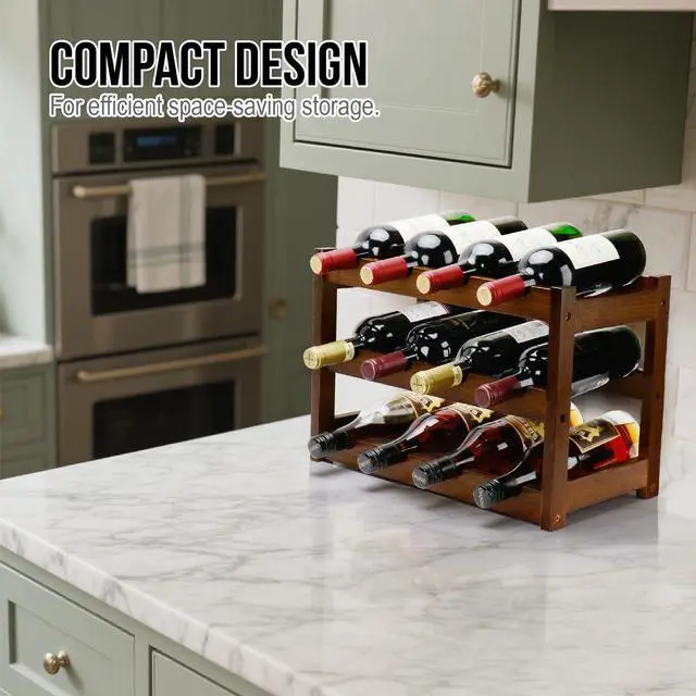 Alt view image 7 of 7 - Bamboo Wine Rack, 3-Tier 12 Bottles Wine Storage Cabinet Shelf, Easy-Assembly Freestanding Bamboo Wine Racks Countertop for Kitchen Pantry Dining Room Bar, Walnut