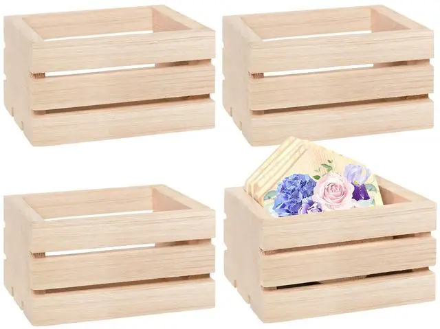Main image of 4 Pack Mini Rustic Wooden Crates, Decorative Wood Crates Unfinished Wood Box, Crate Box Wooden Storage Box for Kitchen, Office, Bedroom, Closet, Rustic Country Decor
