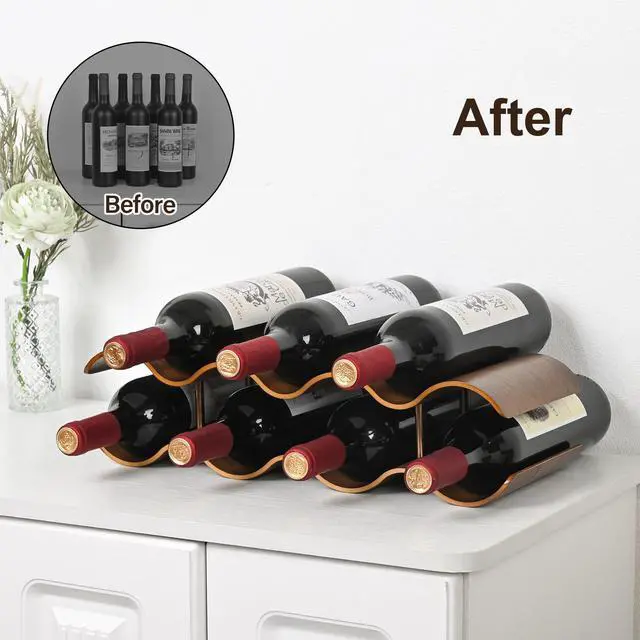Alt view image 2 of 7 - Countertop Wine Rack - 7 Bottle Freestanding Wine Bottle Holder Stand - 2 Tier Wooden Wine Storage Rack - Walnut Wavy Wine Organizer for Cabinet Pantry Home Kitchen Bar
