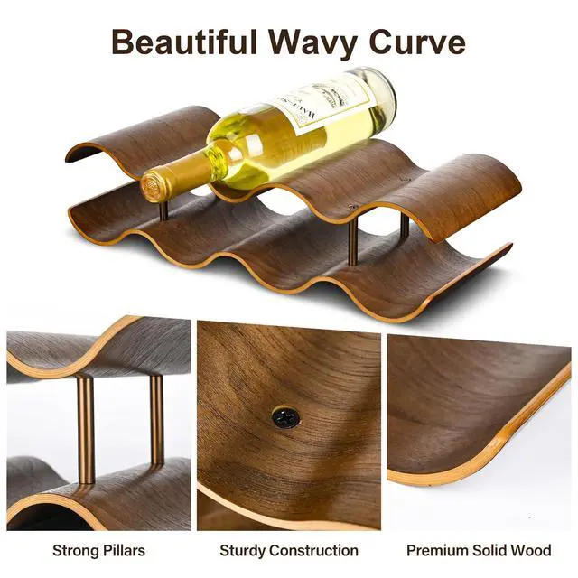Alt view image 3 of 7 - Countertop Wine Rack - 7 Bottle Freestanding Wine Bottle Holder Stand - 2 Tier Wooden Wine Storage Rack - Walnut Wavy Wine Organizer for Cabinet Pantry Home Kitchen Bar