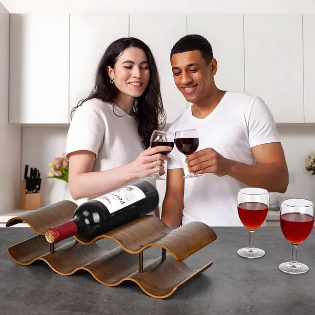 Alt view image 5 of 7 - Countertop Wine Rack - 7 Bottle Freestanding Wine Bottle Holder Stand - 2 Tier Wooden Wine Storage Rack - Walnut Wavy Wine Organizer for Cabinet Pantry Home Kitchen Bar