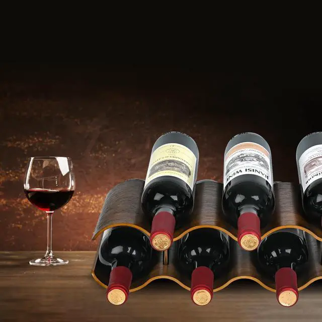 Alt view image 7 of 7 - Countertop Wine Rack - 7 Bottle Freestanding Wine Bottle Holder Stand - 2 Tier Wooden Wine Storage Rack - Walnut Wavy Wine Organizer for Cabinet Pantry Home Kitchen Bar
