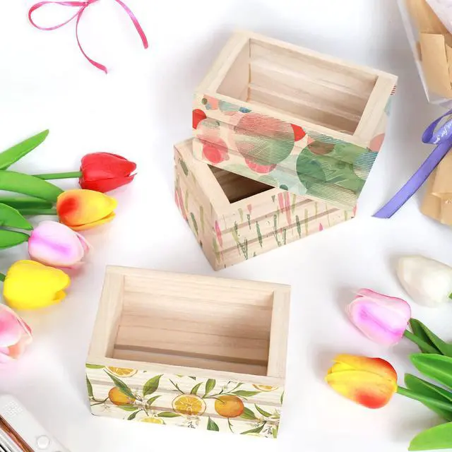 Alt view image 5 of 6 - 4 Pack Mini Rustic Wooden Crates, Decorative Wood Crates Unfinished Wood Box, Crate Box Wooden Storage Box for Kitchen, Office, Bedroom, Closet, Rustic Country Decor