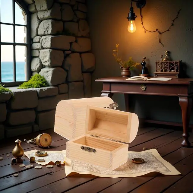Alt view image 4 of 7 - DIY Unfinished Wooden Pirate Treasure Chest - Vintage Jewelry Storage Organizer with Hinged Lid and Locking Clasp, Decorative Pine Wood Craft Box for Women, Art and Hobbies Gift