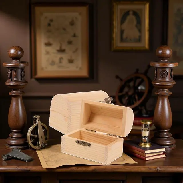 Alt view image 5 of 7 - DIY Unfinished Wooden Pirate Treasure Chest - Vintage Jewelry Storage Organizer with Hinged Lid and Locking Clasp, Decorative Pine Wood Craft Box for Women, Art and Hobbies Gift