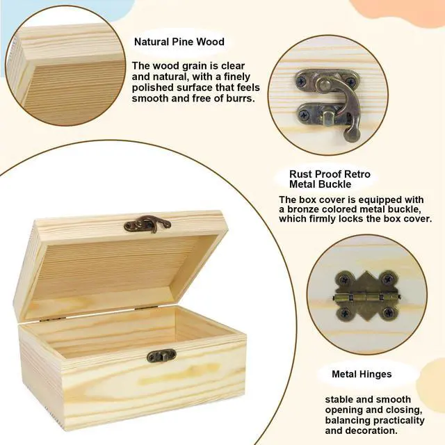 Alt view image 2 of 7 - Unfinished Wooden Box with Hinged Lid Small Unpainted Wood Box for Crafts DIY Storage Jewelry Keepsakes Gift Packaging Unfinished Box 6.7"x5.1"x3.1"
